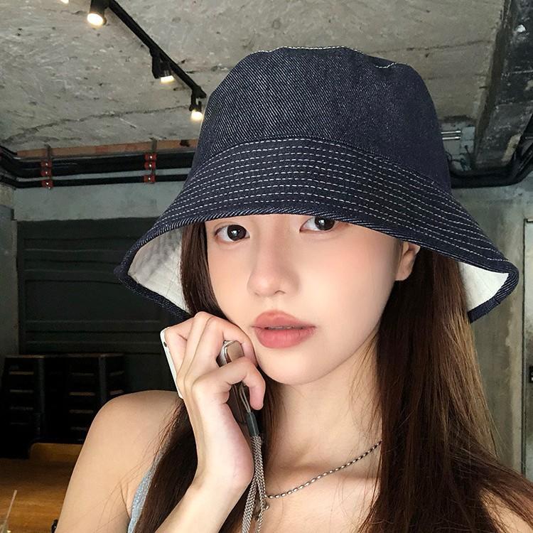 Retro Double-sided Can Wear Denim Bucket Hat Women's Summer Face Small Versatile Bucket Hat Sunshade Sunscreen Basin Hat