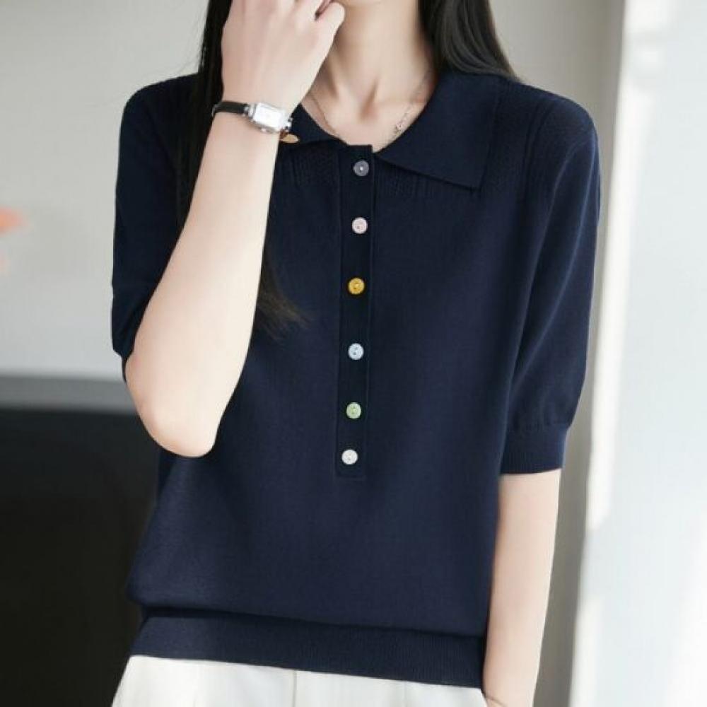 Navava Women Simple Basic Colorful BuTTon Collar ShorT Sleeve KniT T shirT Nk366