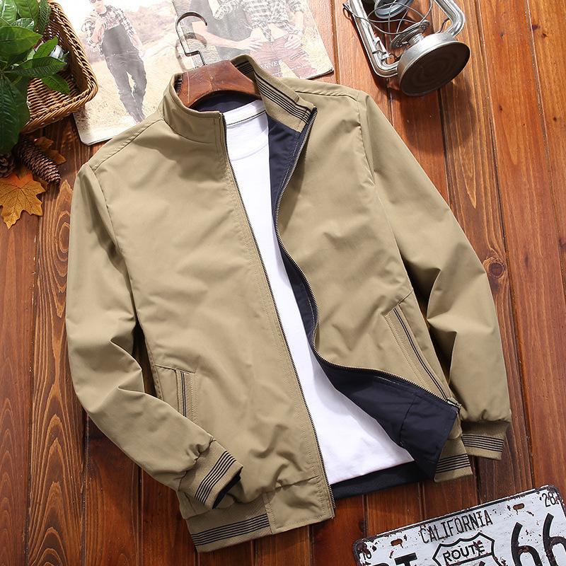 Men's Double-Sided Stand Collar Casual Jacket - Solid Color for Spring & Autumn, Suitable for Middle-Aged & Elderly
