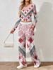 Spring and Autumn digital print women's V-neck long sleeve pants set, comfortable, casual, versatile, slim fit two-piece set