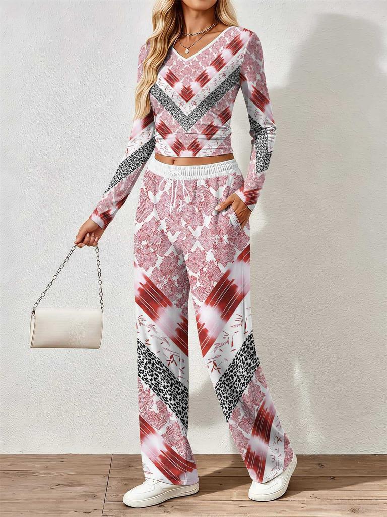Spring and Autumn digital print women's V-neck long sleeve pants set, comfortable, casual, versatile, slim fit two-piece set