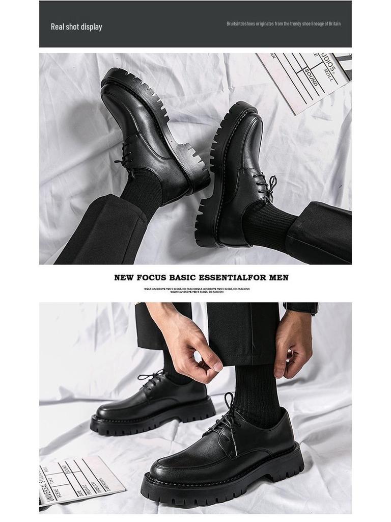 Men's Black British-Style Retro Height-Boosting Leather Shoes - Casual, Low-Top, Wear-Resistant, All-Season