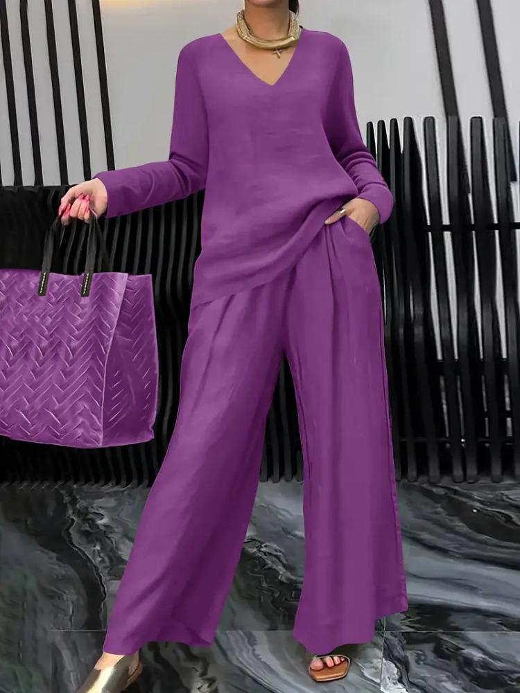 Damen Royalblau V-Ausschnitt Langarm Top und Weite Hosen Set