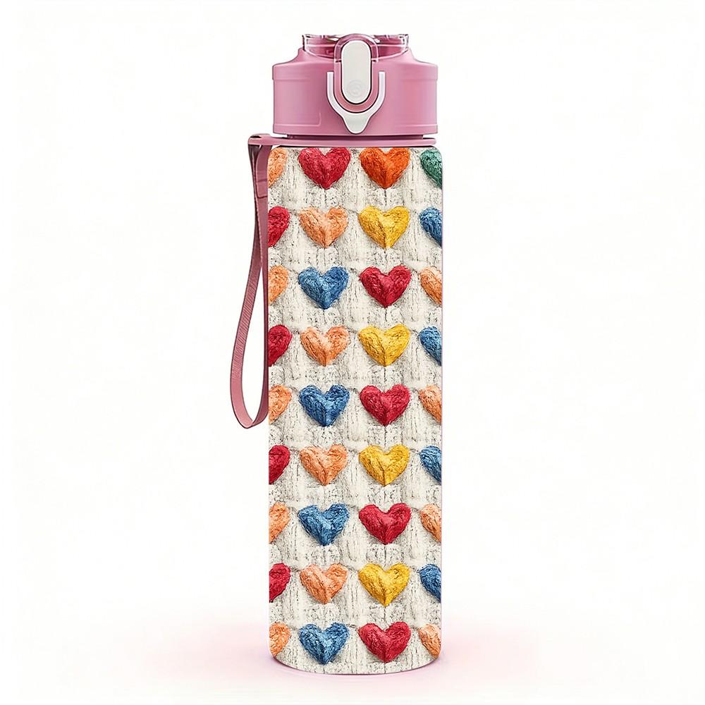 1PC Multicolor Heart Knitting Texture Print 750ml Color Plastic Sports Water Bottle Leakproof Flip Straw Lid Suitable for Sports Office Home Use