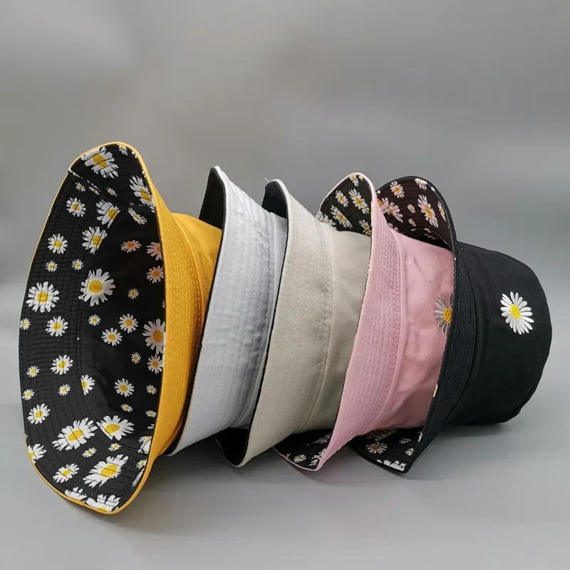 Fashion Fresh Double-sided Daisy Embroidery Summer Daisies Bucket Hat Unisex Fashion Cotton Beach Sun Floral Hat Fisherman Hat