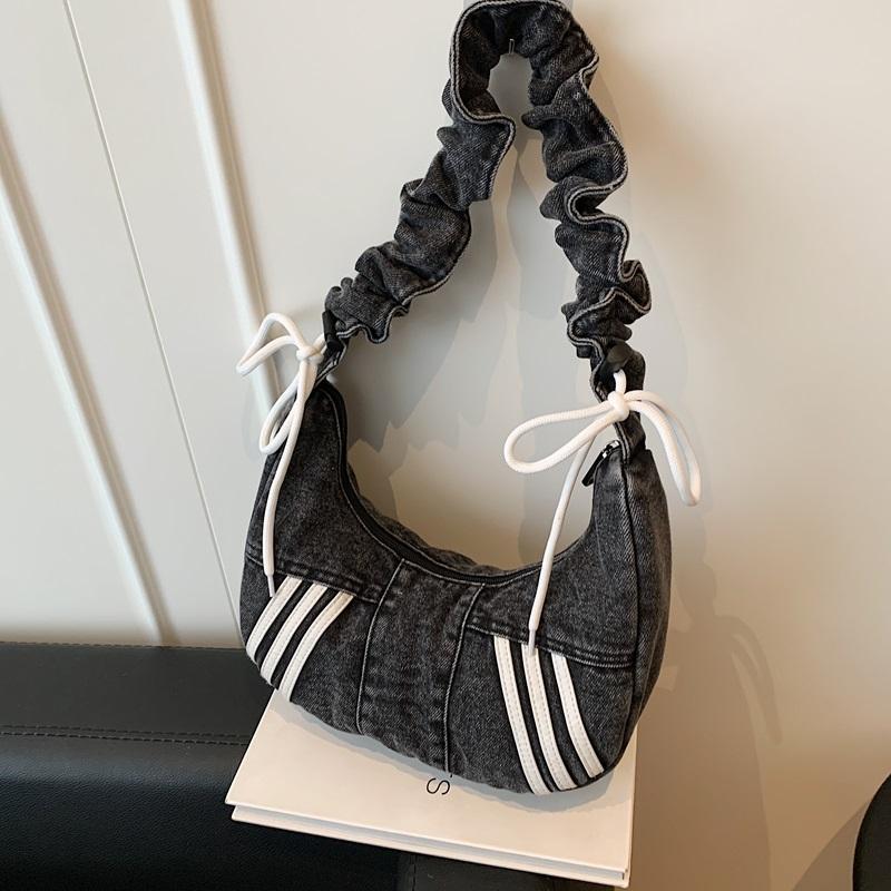 Fashion Denim Hobo Bag Ruched Strap Striped Design Zipper Closure Casual Shoulder Purse for Women