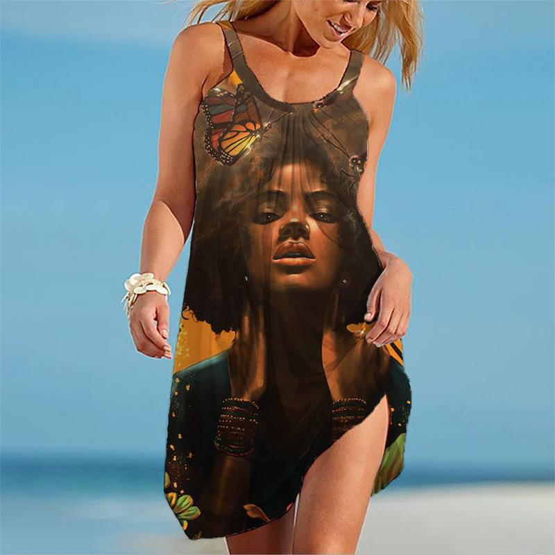 Été Nouveau 3D Femmes Impression Portrait Photo Impression Robe de Plage d'Été Robe Courte Vacances Bord de Mer Robe Sexy Été