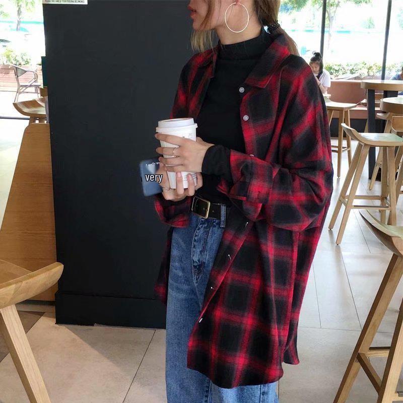 2026 Spring/Autumn Women's Korean Plaid Shirt - Loose, Retro Hong Kong Style, Trendy Long Sleeve Top