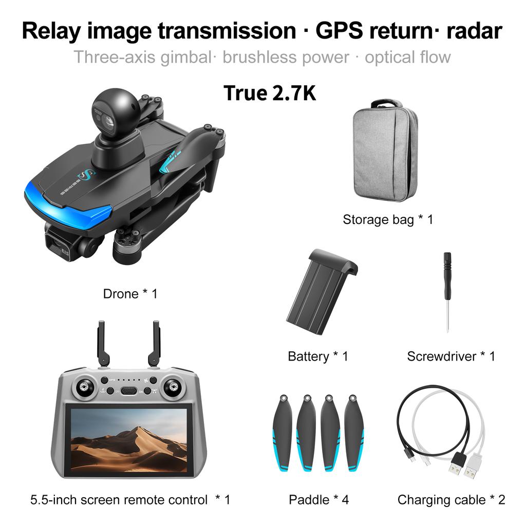 Nuevo Dron Profesional S185 GPS Retorno 5G Verdadero 2.7K HD Cámara Dual Control Remoto con Pantalla Táctil PTZ de 3 Ejes Evitación de Obstáculos Dron
