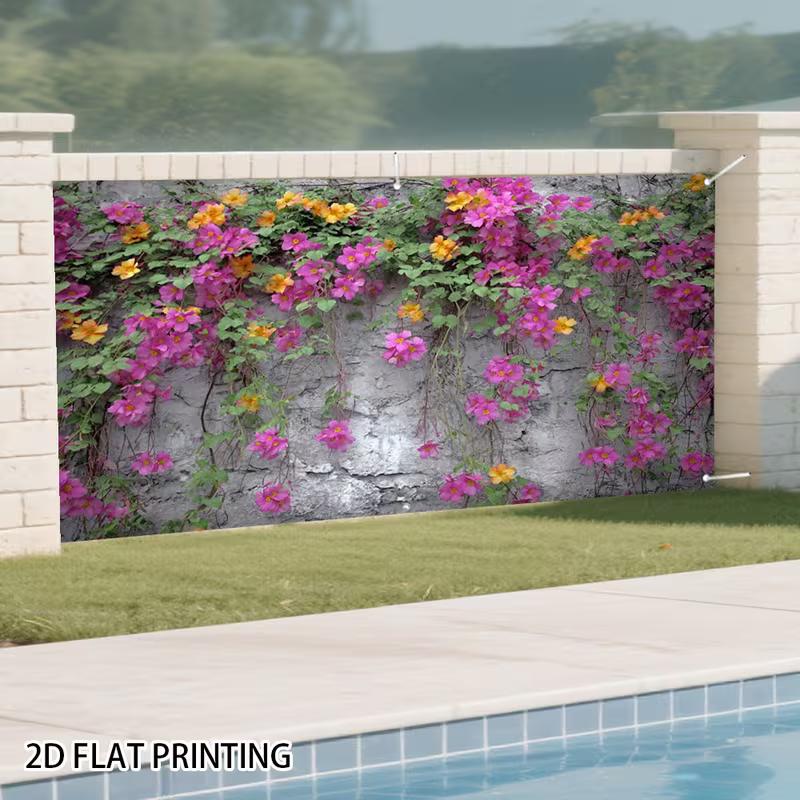 2D Rustic Stone Wall with Blooming Vines Backdrop, 10x6ft Colorful Floral Banner for Festival & Birthday