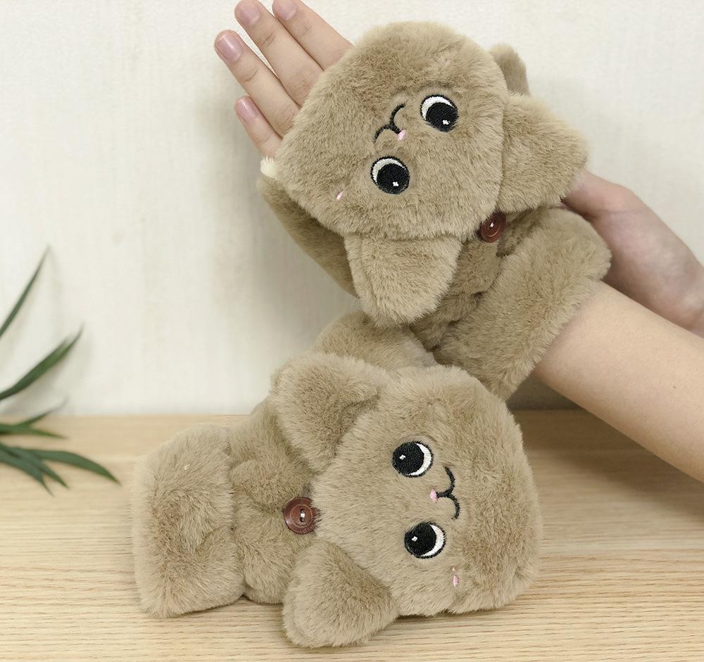 Winter Cute Cat Flip Gloves Plush Thickened Middle School Student Half Finger Fluffy Dew Finger Warm Plush Protection