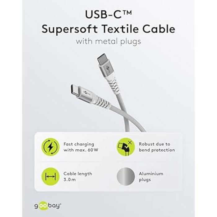 Câble de charge usb-c - goobay - 70195 - 60w - 3m - tressé en tissu résistant