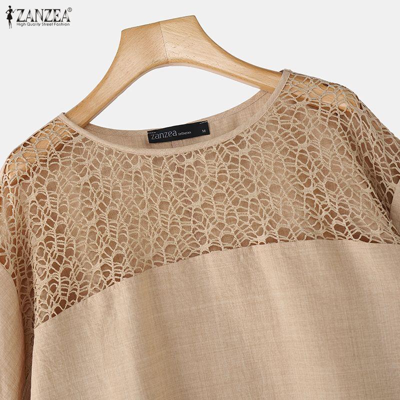 ZANZEA Women Hollow Lace Splice Round Neck Casual 3/4 Sleeve Blouse