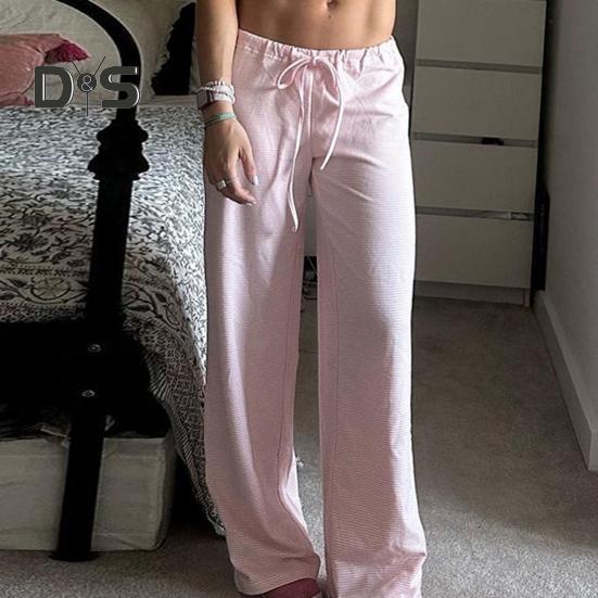 Women Casual Pants Straight Wide Leg Striped Print Long Trousers Adjustable Waist Strap Loose Fit Lounge Pants
