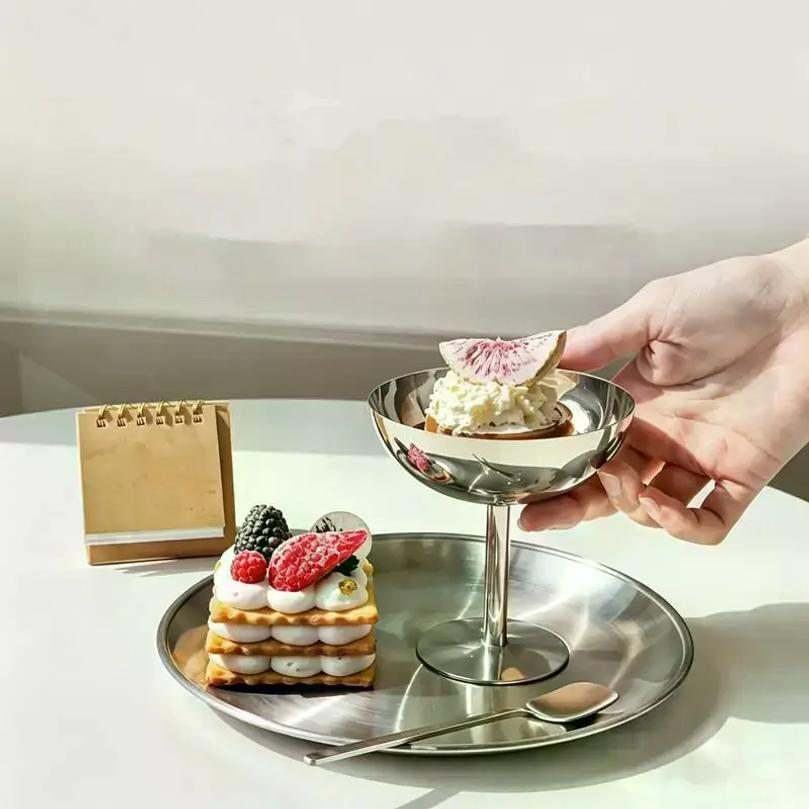 New Ice Cream Footed Bowls Stainless Steel Reusable Dessert Cups Set For Sundae Fruit Snack Party Dessert Bowl Round Yogurt Cup