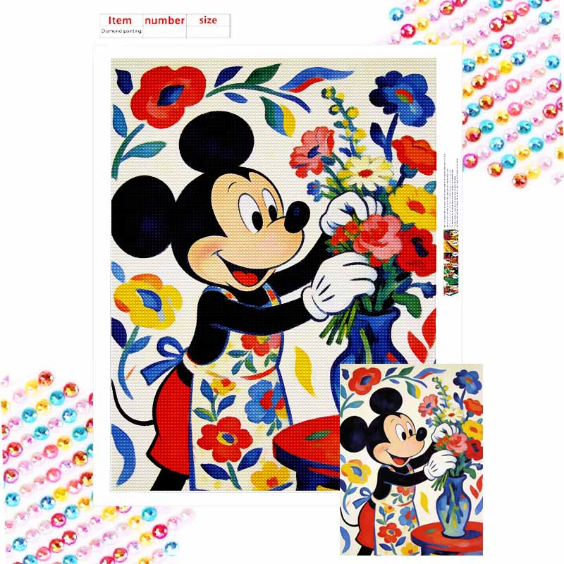 Disney Diamond Painting 5D DIY Diamond Painting Mickey Mouse Arranging Flowers Mosaic Disney Cartoon Picture Rhinestone Kit Gift Round 20x30cm
