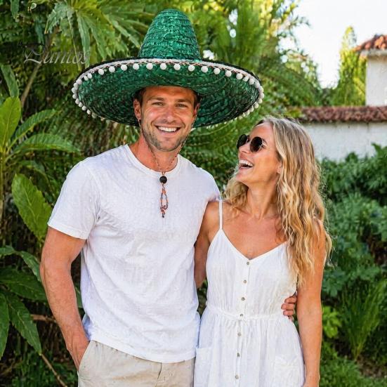 Zonnehoed Mexicaanse Sombrero met Kleurrijke Pompons, Hawaiiaanse Stijl Geweven Strohoed, Brede Rand Lichtgewicht Alle Seizoenen Feestkostuum voor de Zomer