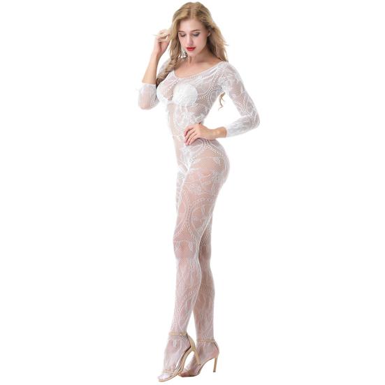 Sexy Flower Long Sleeves One-piece Mesh Tights Hollow Out Stockings Underwear