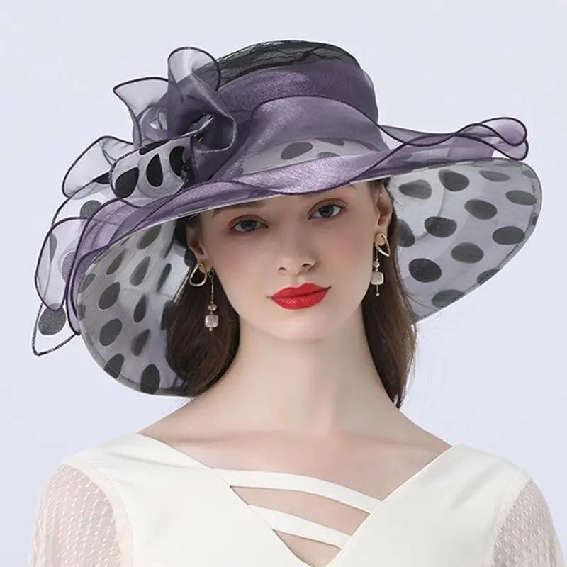 WTEMPO American Retro Wave Point Large Brimmed Sun Hats Women's Casual Sunshade Hats Fashion Pearl Mesh Hats