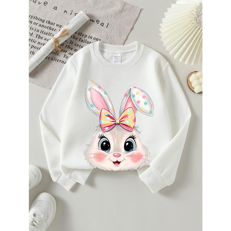 Kids Unisex Crewneck Sweatshirt, Cute White Bunny Head With Color Polka Dot Bow Cartoon Print Soft Fleece Pullover For Kids Over 4 Years Old