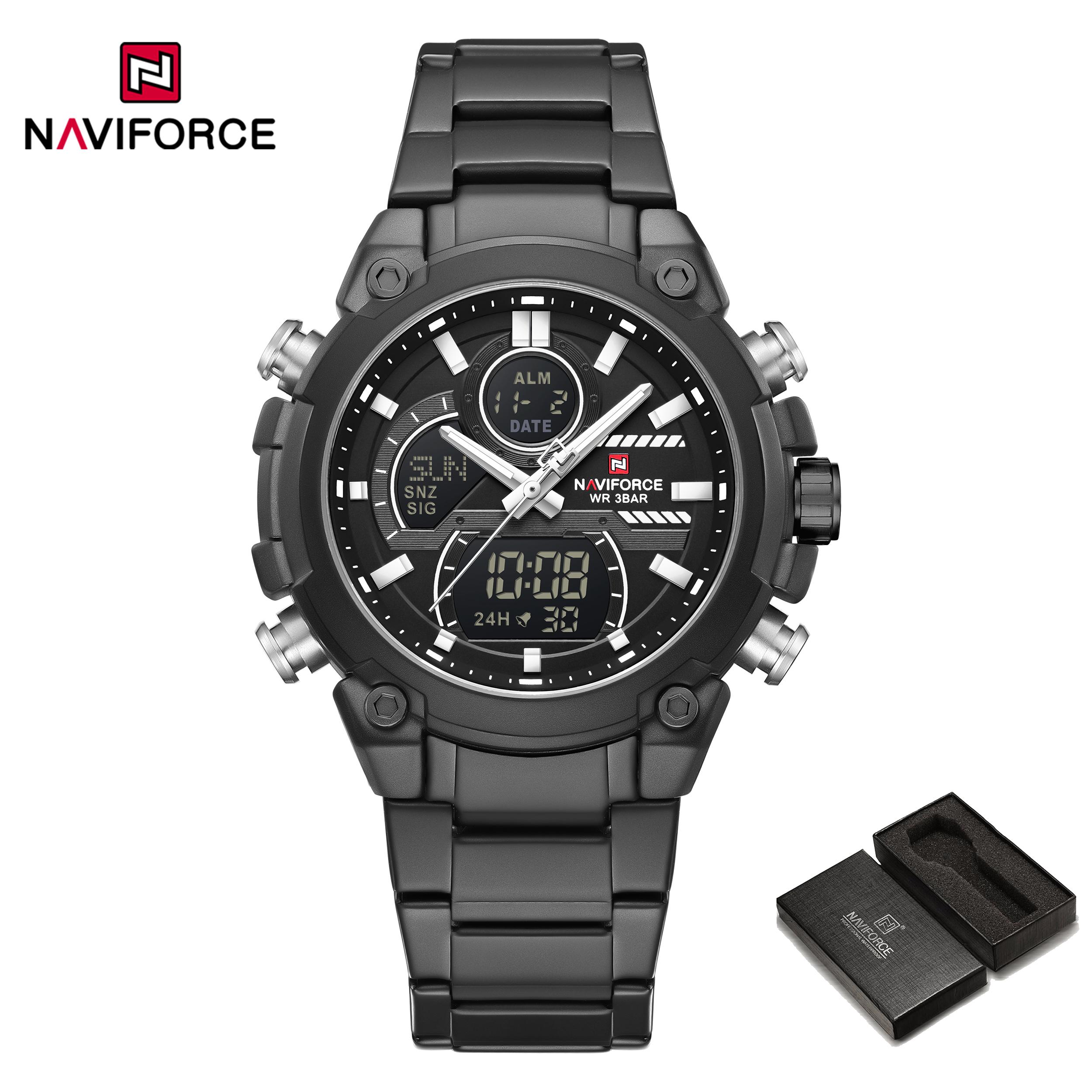 

Naviforce Чоловічий годинник з подвійним часом, кварцовий механізм, РК-дисплей, цифровий хронограф, люмінесцентні стрілки, ремінець з нержавіючої сталі, водонепроникний чоловічий годинник NF9278