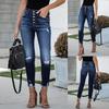 Dámske štíhle nohavice s vysokým pásom Skinny Hole Denim Button Stretch Džínsy s dĺžkou po lýtka