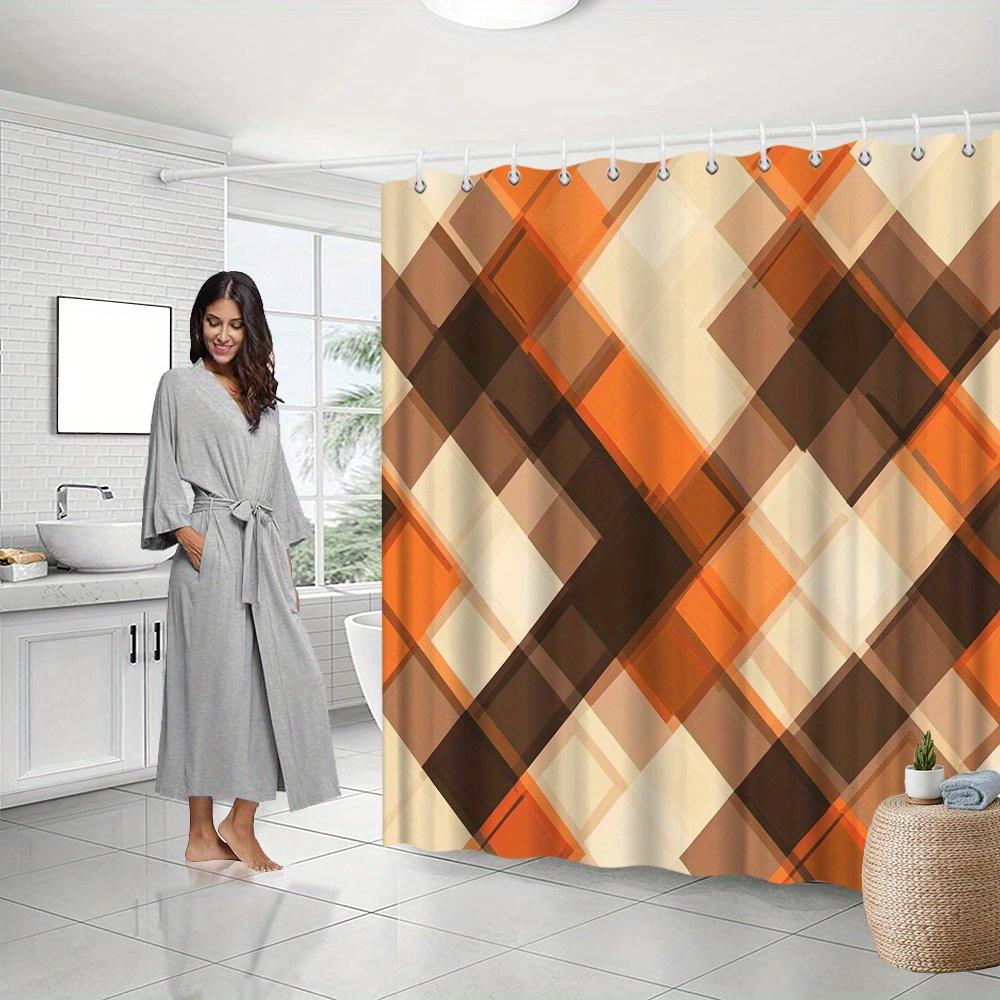 Modern Plaid Shower Curtain - Geometric Abstract Pattern In Orange, Brown, Beige & White, Fashionable Bath Decor