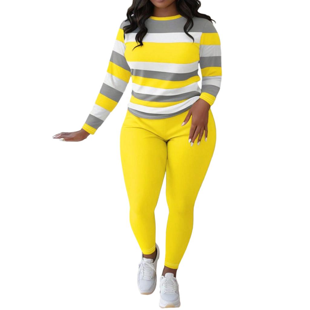 Women Striped Long Sleeve Top and Solid Color Pants Tracksuit Set Casual Two Piece Outfit