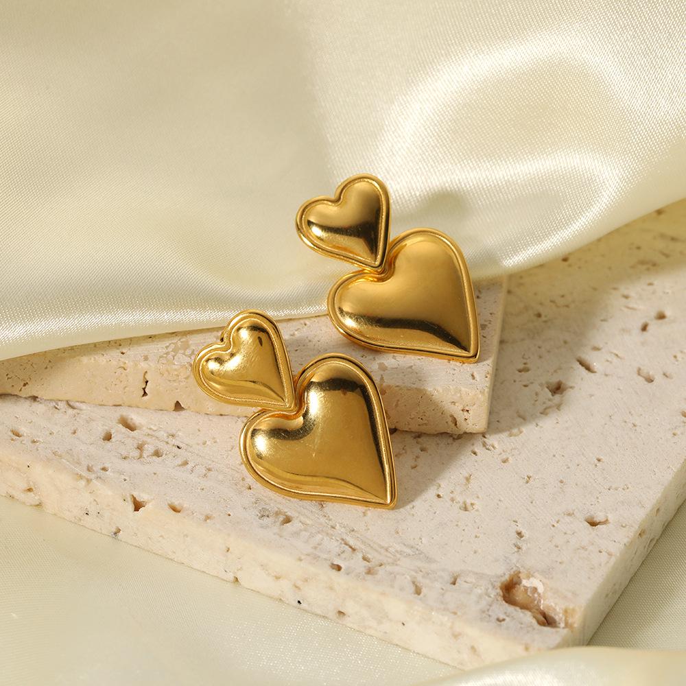 Spot European & American Style 18k Gold Love Pendant Double Heart Stainless Steel Earrings