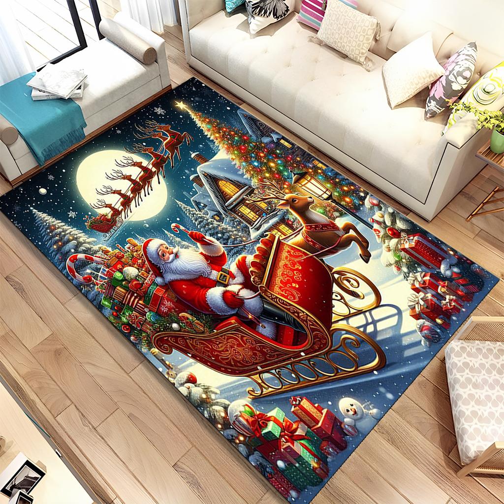 Cute Santa Claus Cartoon Merry Christmas Tree Festival Gift Carpet Rug for Living Room Bedroom Home Sofa Decoration,Non-slip