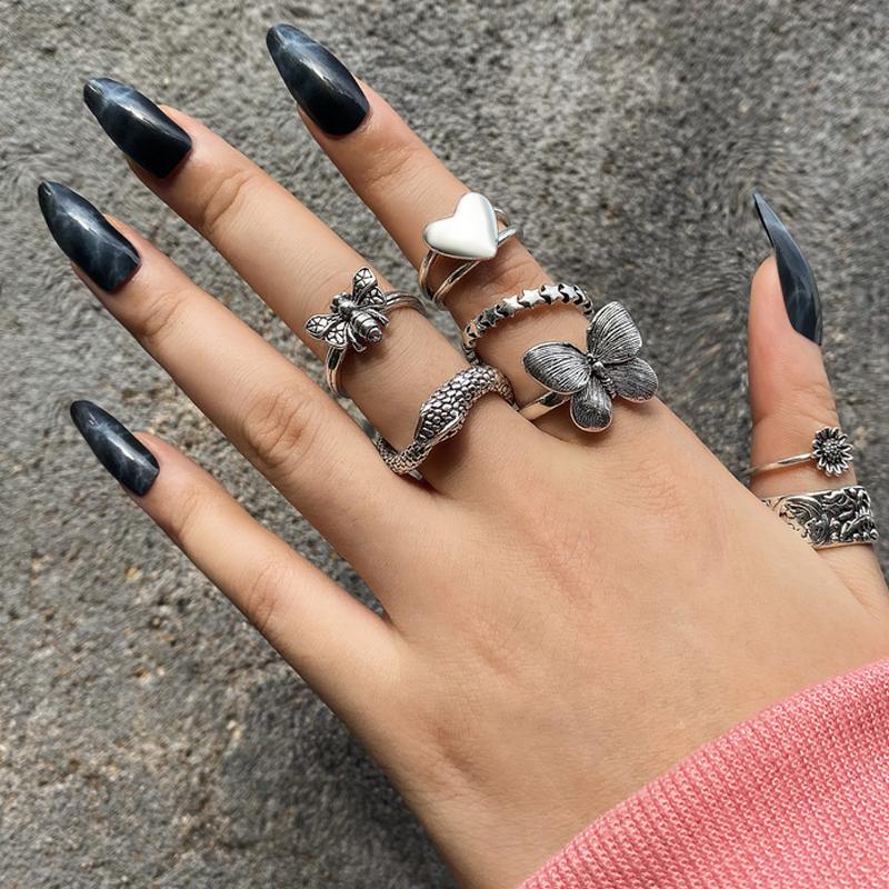 Punk YinYang Ring Set for Women Gothic Black Heart Butterfly Vintage Ghost Silver Color  Plated Retro Rhinestone Finger Jewelry