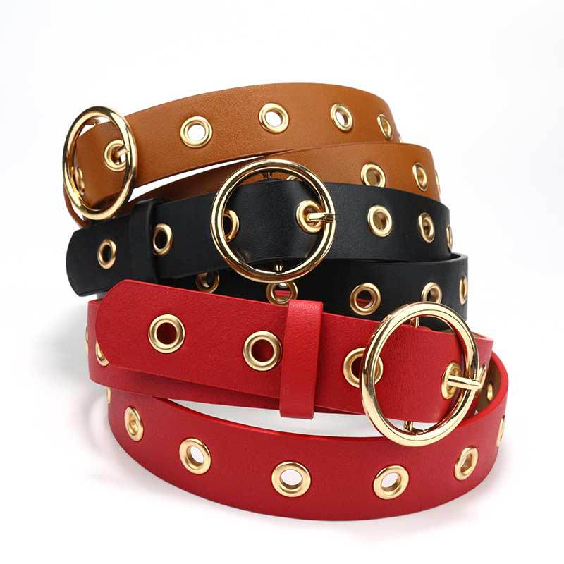 Women'S Belt Women'S Decorative Jeans Belt Round Buckle Hollow Air Eye Belt