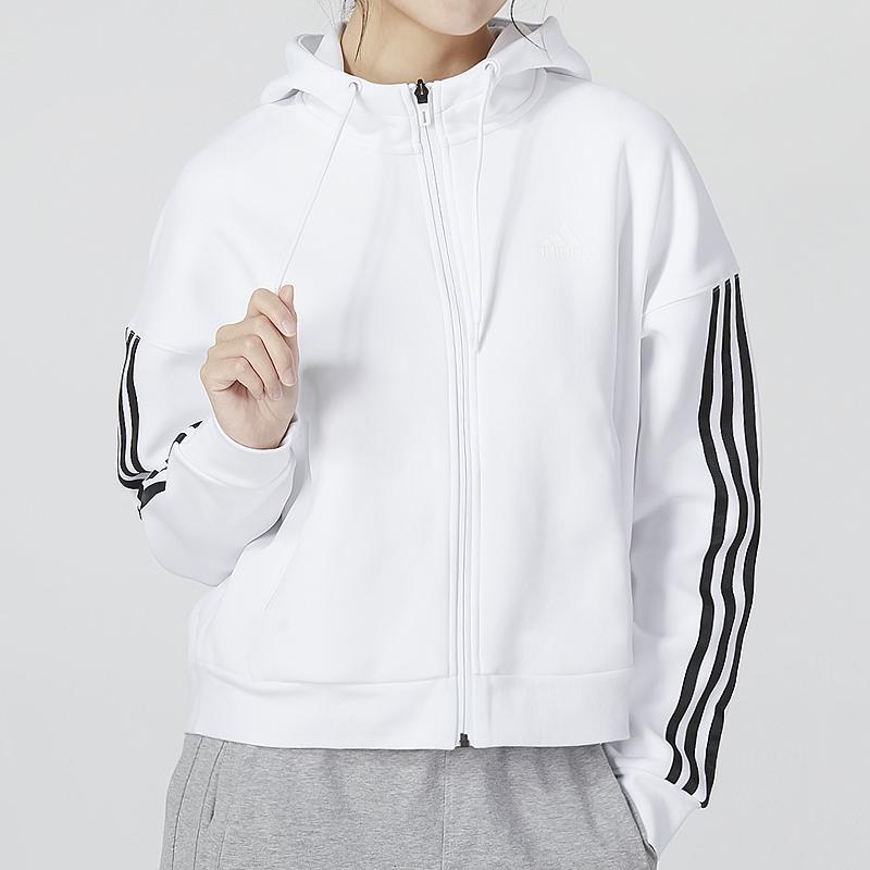 Adidas Solid Three-Stripe Hooded Casual Jacket Women Jackets White HM7049