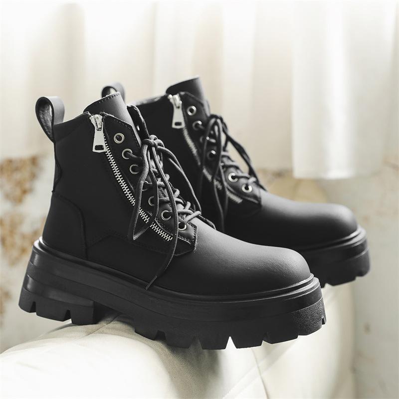 

2025 new men s shoes casual big head leather boots thick sole inner height increase Martin boots side zipper locomotive boots 70088-J 38 чёрный