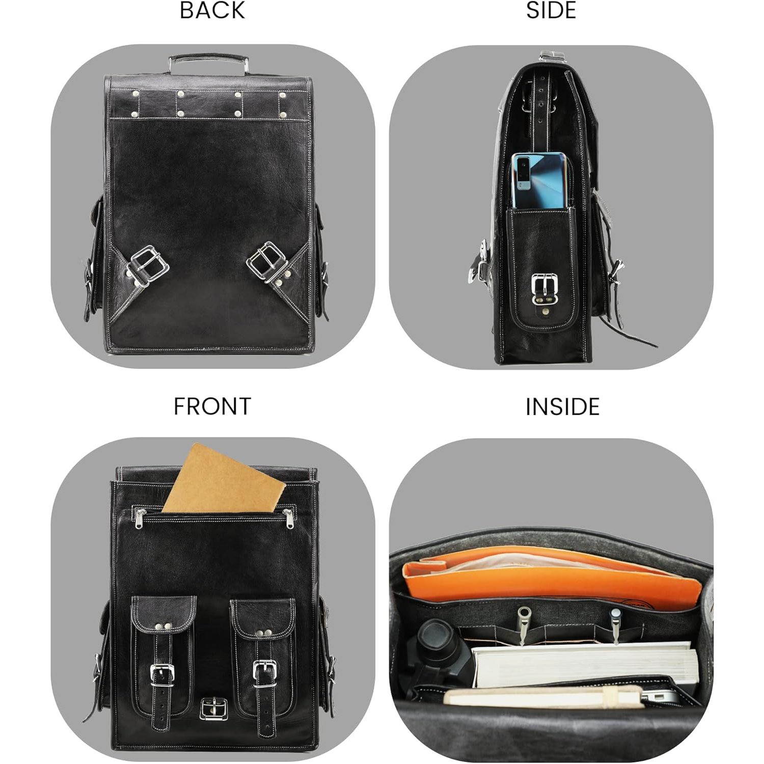 Черный винтажный кожаный рюкзак ручной работы World для ноутбука — фото 3