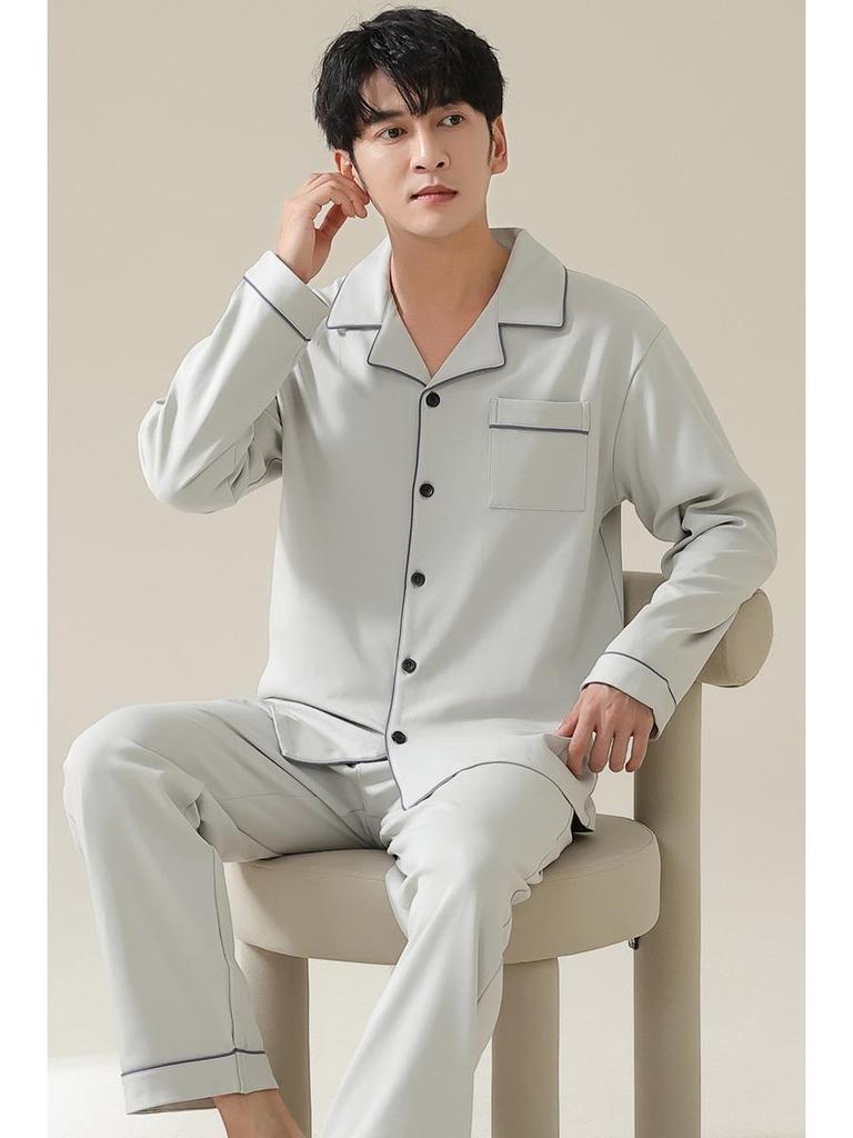 Herren Übergröße Reiner Baumwoll-Pyjama-Set - Langärmiger Cardigan für Herbst/Winter