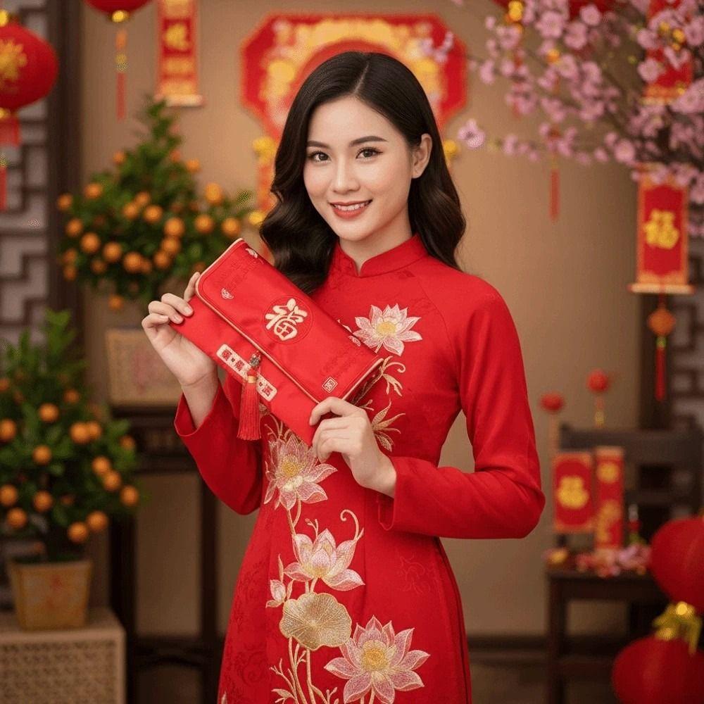 Traditionelles Chinesisches Neujahrs-Rotgeldkuvert Magnetverschluss Bestickter Gott des Reichtums Rote Tasche Polyester Frühlingsfest-Zubehör