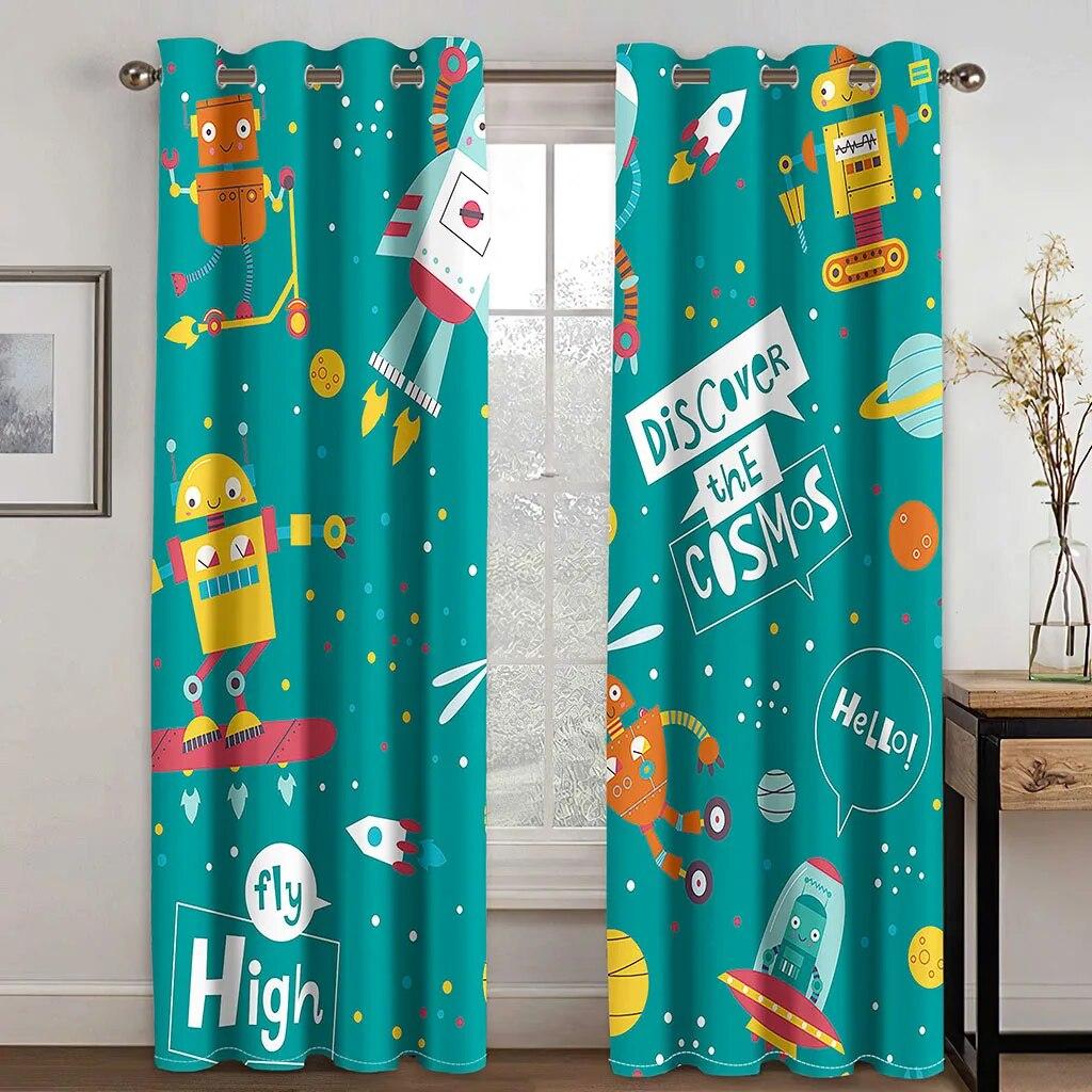 Kids Space Curtains Galaxy Rocket Astronaut Starry Art Printed for Boys Bedroom Playroom Nursery Decor