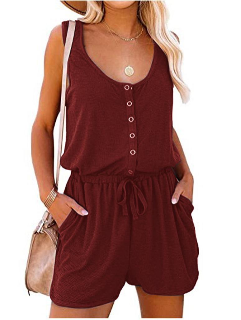 Women's Summer Sleeveless Jumpsuit with Waist Tied Casual Loose Wide Leg Shorts