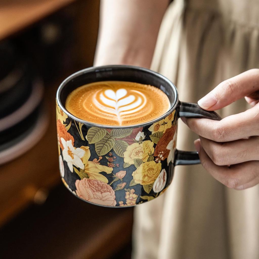 Retro Style Flower Ceramic Mug Household High-End Coffee Cup Afternoon Tea Cup Large-Capacity Water Cup