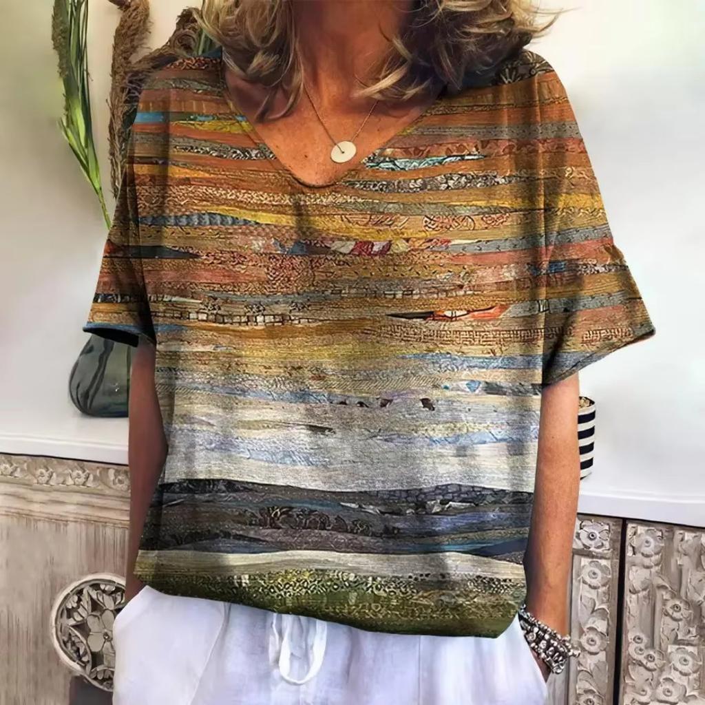 Damen V-Ausschnitt T-Shirt Sommer Casual Mode Kurzarm Neuer Trend Gestreift Harajuku Stil Locker Damenbekleidung