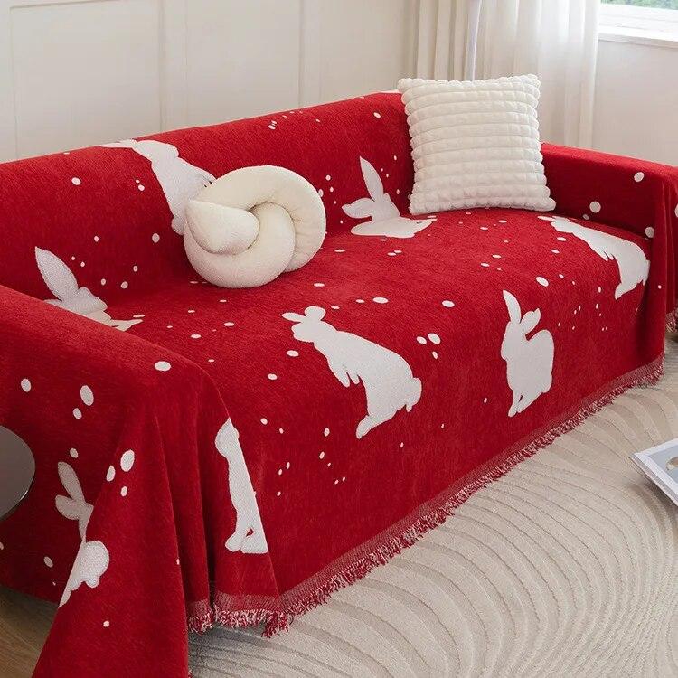 Sofa Cushion Cover Cloth Towel Simple Red Festive Chenille Cartoon Full Package Anti Slip Universal Decorative Cushion Blanket