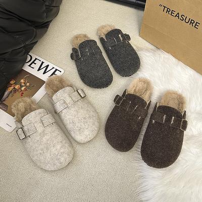 Retro One-pedal French Fairy Wind Fluff Cotton Slippers Female Outer Wear 2025 Autumn and Winter New Warm Thick-bottomed Cotton Mop