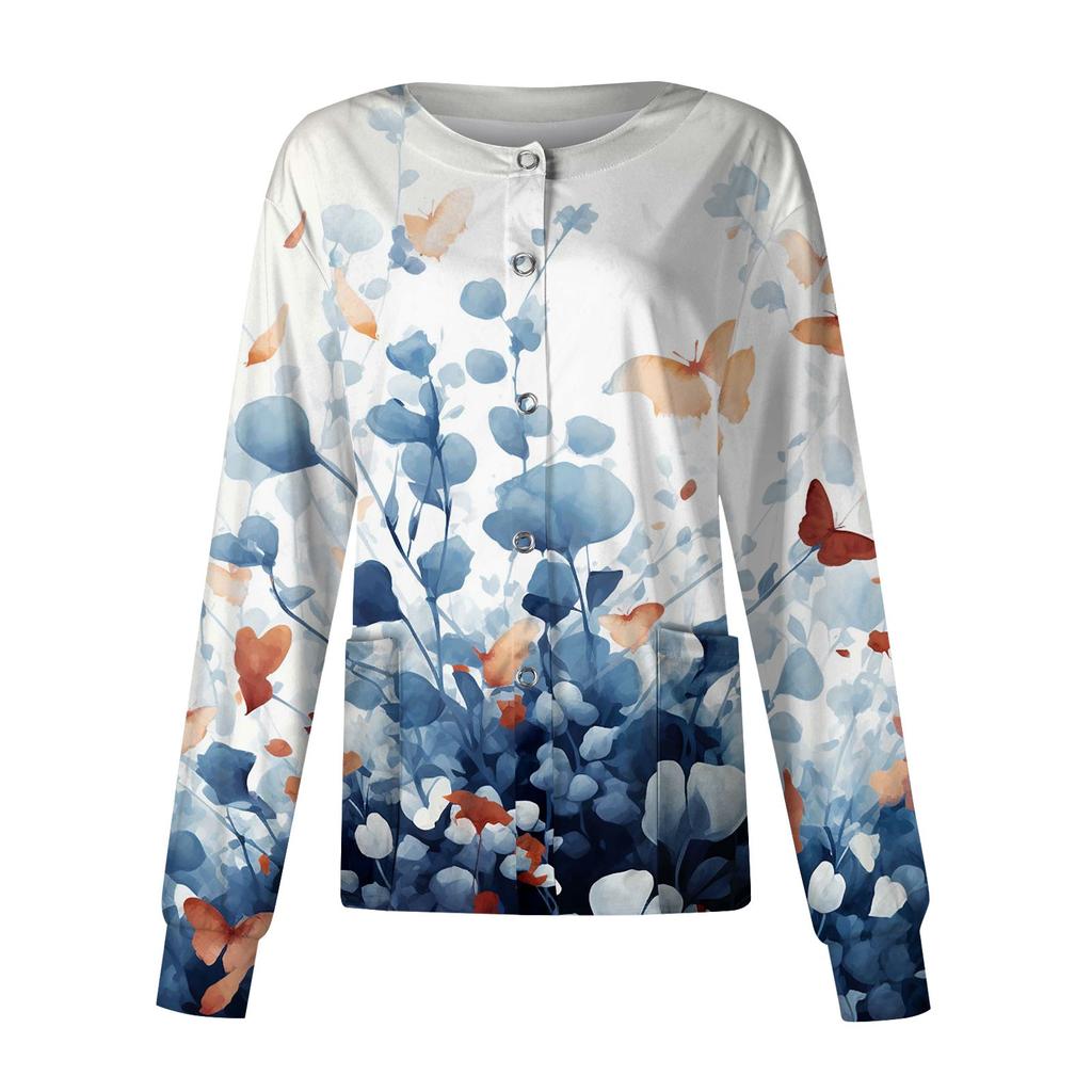 Frauen Langarm Muster Tasche Arbeiten Stehkragen Einreiher Schutz Overall Strickjacke Jacke Top