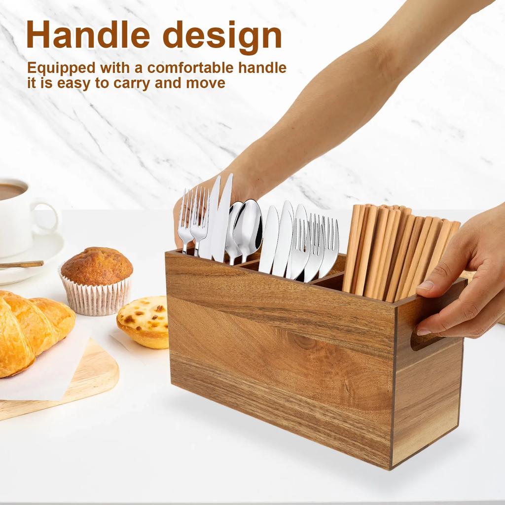 Wood Kitchen Utensil Storage Rack with Removable Divider for Spoon Fork chopsticks Tableware Countertop home Kitchen Organizers