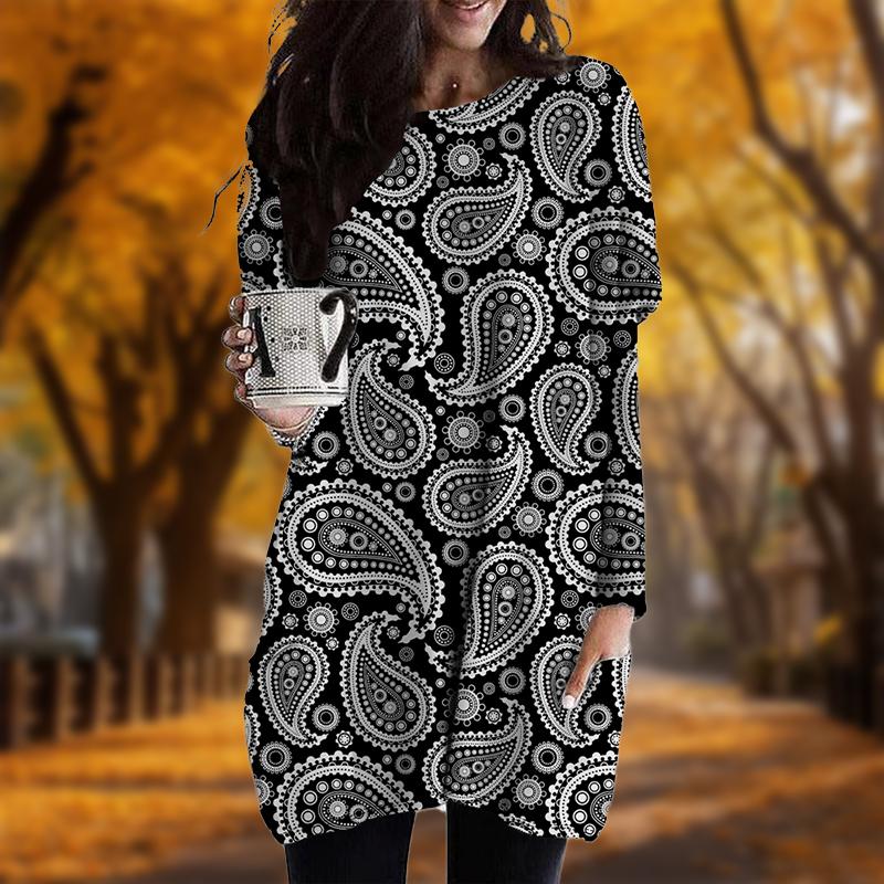 

Новинка осени с принтом капель воды плюс размер платье для женщин с круглым вырезом и длинными рукавами повседневные платья с карманами 8XL чёрный