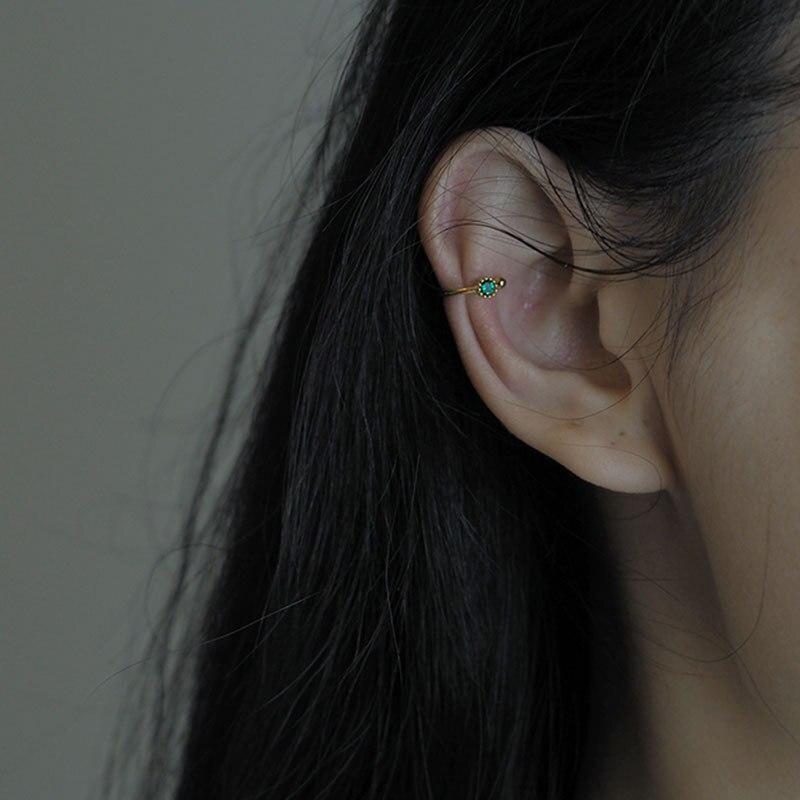 925 Sterling Silver European Style Open Dark Green Zircon Gold Ear Clip Women Street Photography Jewelry