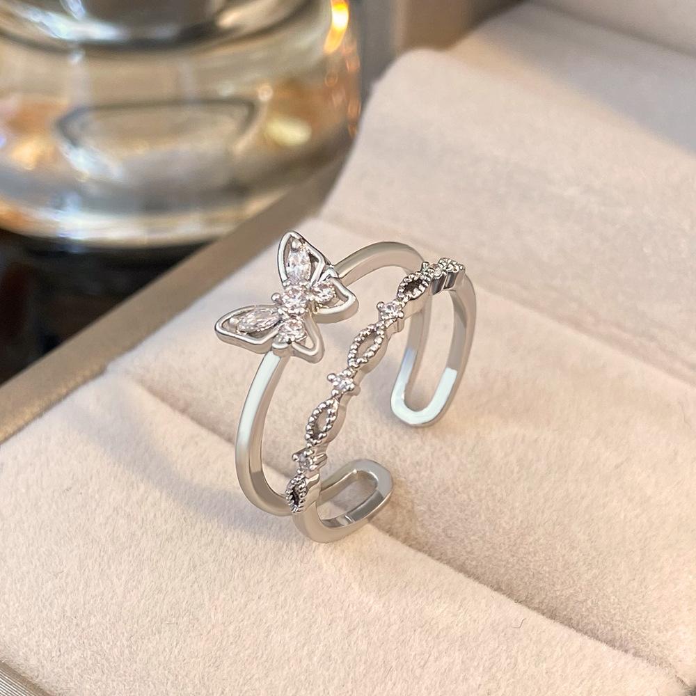 High-quality Retro Double-layer Ring for Women, Niche Ins Copper Micro-inlaid Zircon Butterfly Live Adjustable Simple Ring