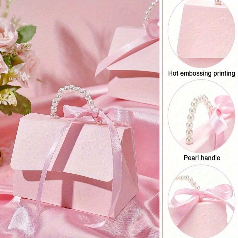 Sacola de Embrulho Simples para Festa, Caixa de Presente de Papel Decorada com Alça de Pérola, Caixa de Embalagem de Presente Rosa Exquisita para Presente de Casamento de Dia dos Namorados