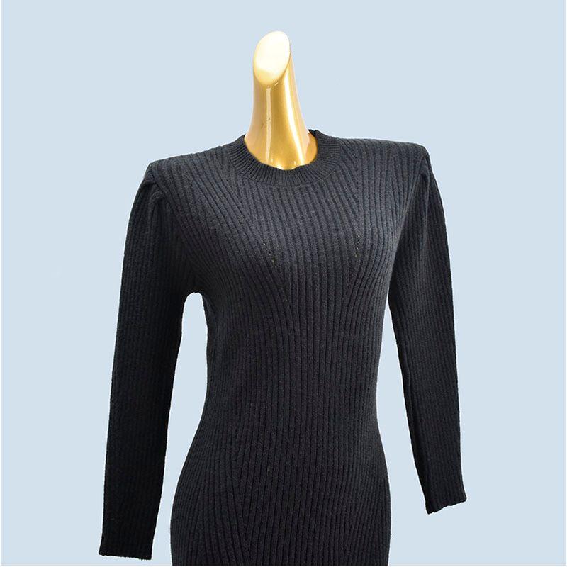 Autumn and Winter Thick Round Neck Pure Color Versatile Below the Knee Knitting Sweater Long Sleeve Front Slit Mid Length Long Length Dress